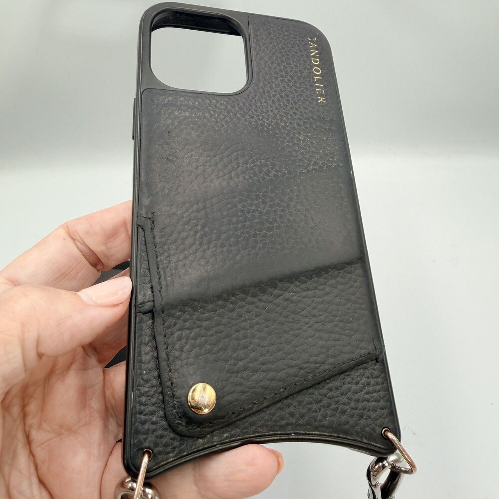 BANDOLIER Black Leather Crossbody iPhone 13/14 Pro Max Case; Rhinestone Strap - Picture 4 of 13